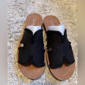 Corky’s Black Frayed Strap Slide Sandals for Women